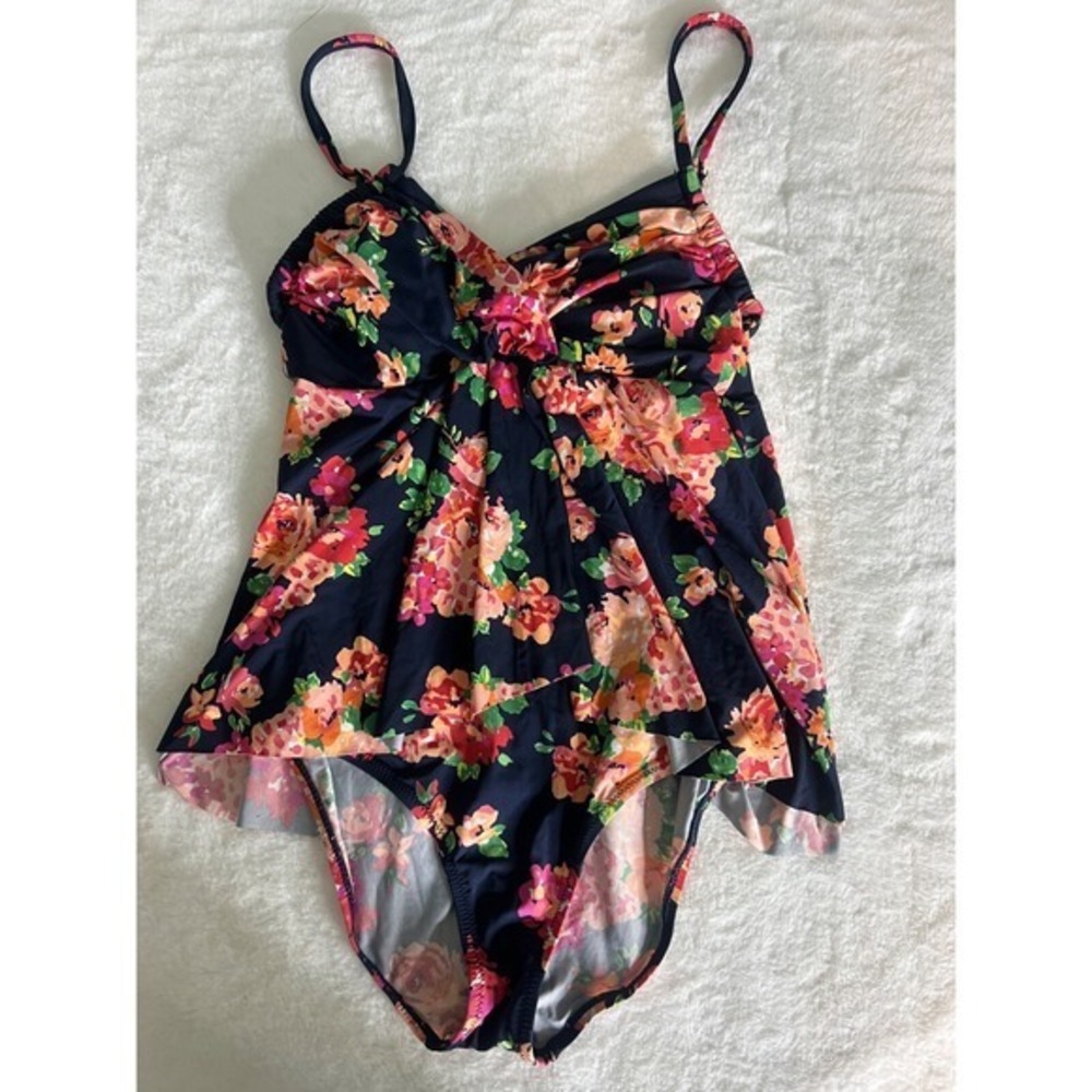 Garnet Hill Navy/Floral 1 Pc Womens Size 2 Ruched Overlay Swimsuit